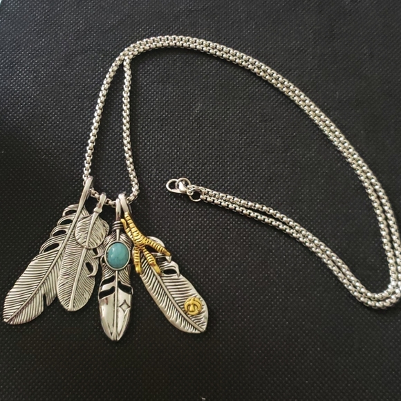 all Other - NWT 4 Feather turquoise Stainless necklace